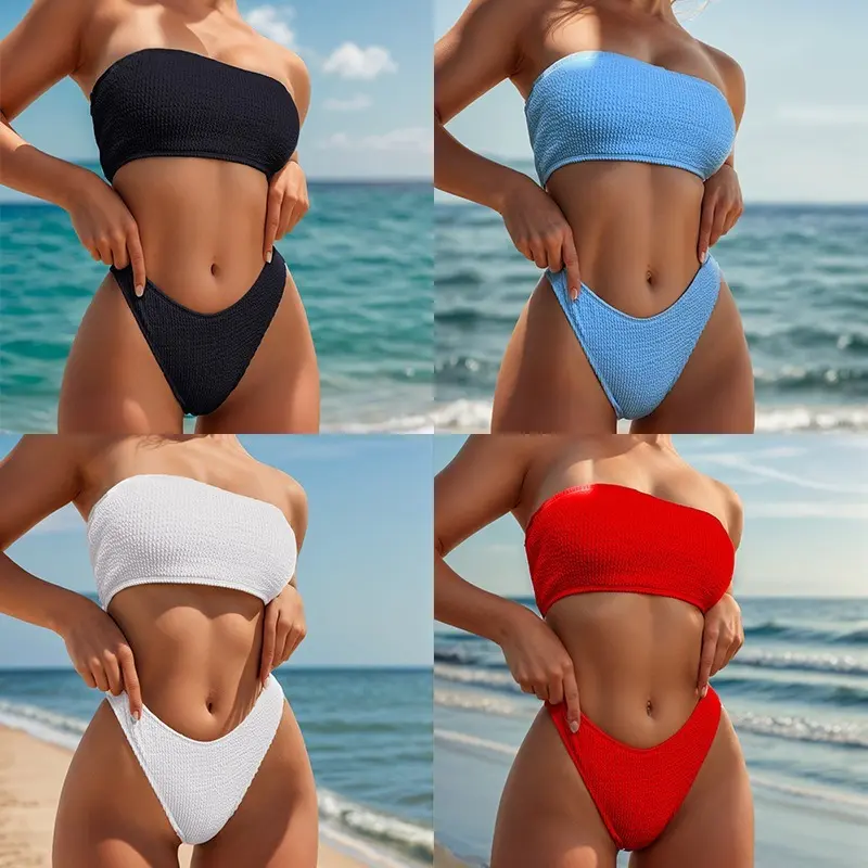 Solid Color Bikini Set for Women, Strapless Bandeau Top and High-Cut Bottoms with a Flattering 2-Piece Silhouette, Two-Piece Swimsuit