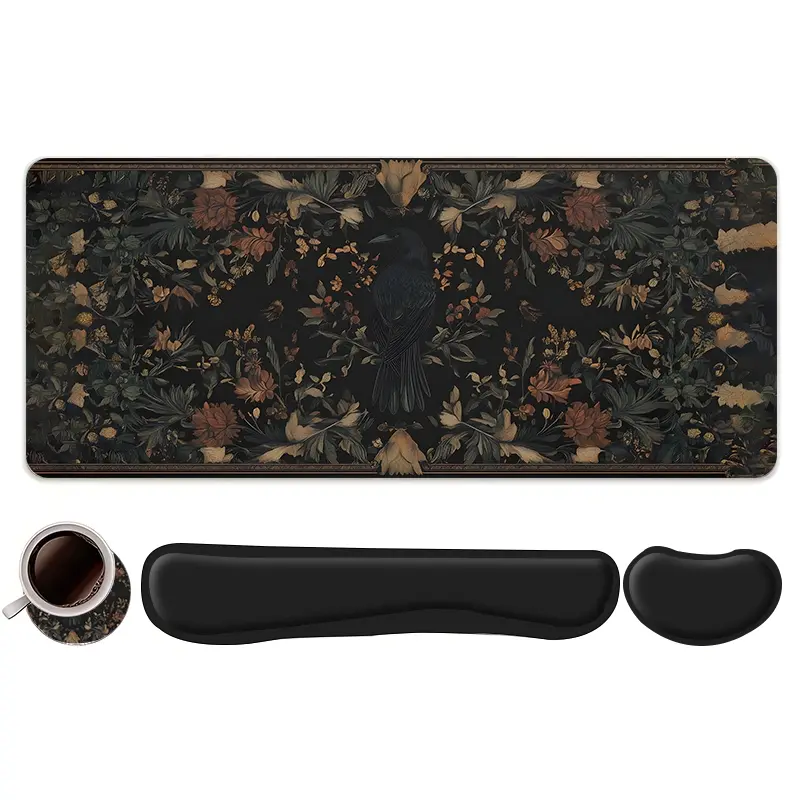 4pcs Dark Floral with Crow Design Mouse Pad and Keyboard Wrist Rest + Coaster Set For Desktop Decoration, Office Accessories Set Ergonomic Wrist Support, Computer Mat Mouse Pad Coaster Suitable For Home Office Gaming