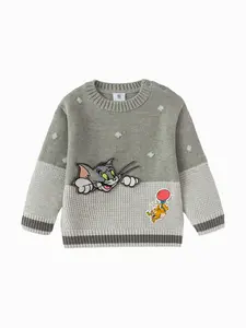 Balabala Boys Embroidered Knit Sweater Tom & Jerry Design Cozy Winter Pullover Rayon Material with Fun Cartoon Patches for Sizes 80-90