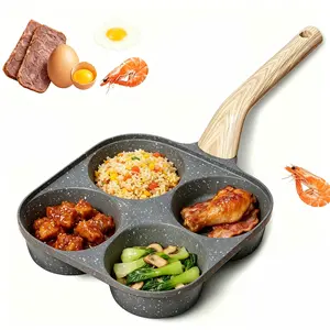 4-Hole Non-stick Cookware Skillet - Round Egg Cooker with Wooden Handle, Multifunctional Breakfast Pan for Pancakes, Burgers, and Digital Multimode Juicer
