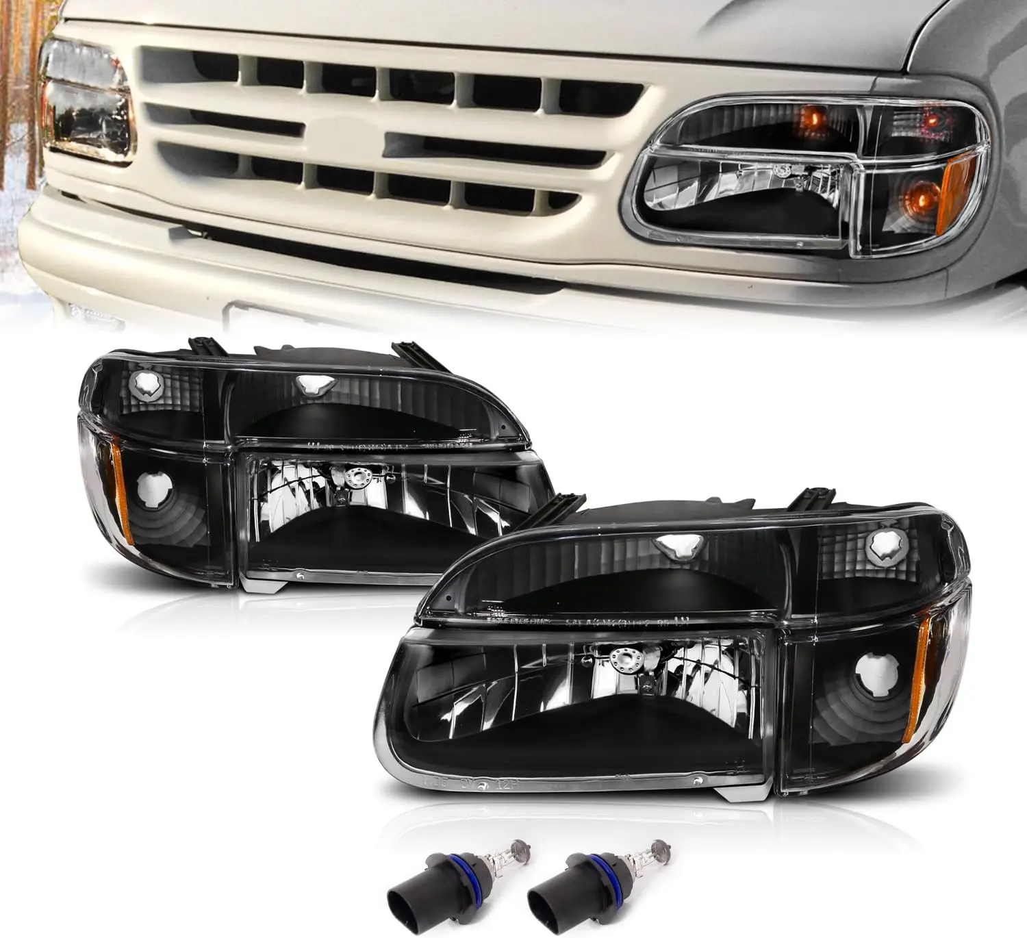AmeriLite for 1995-2001 Ford Explorer Black OE Replacement Headlights w/Corner Parking Turn Signal Lamp Set - Passenger and Driver Side