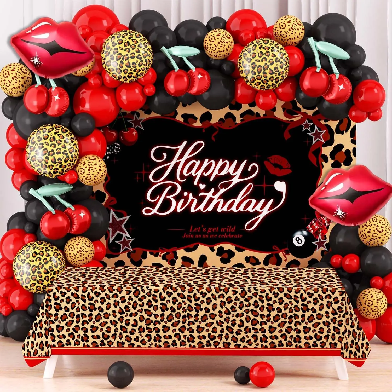 Cheetah Print Birthday Party Decorations Balloons Kit Backdrop Tablecloth Party Pack, Foil Balloons Red Cherry Print | Red Lips | Cheetah Pattern for Girls Women, Party Decoration Supplies, Banners