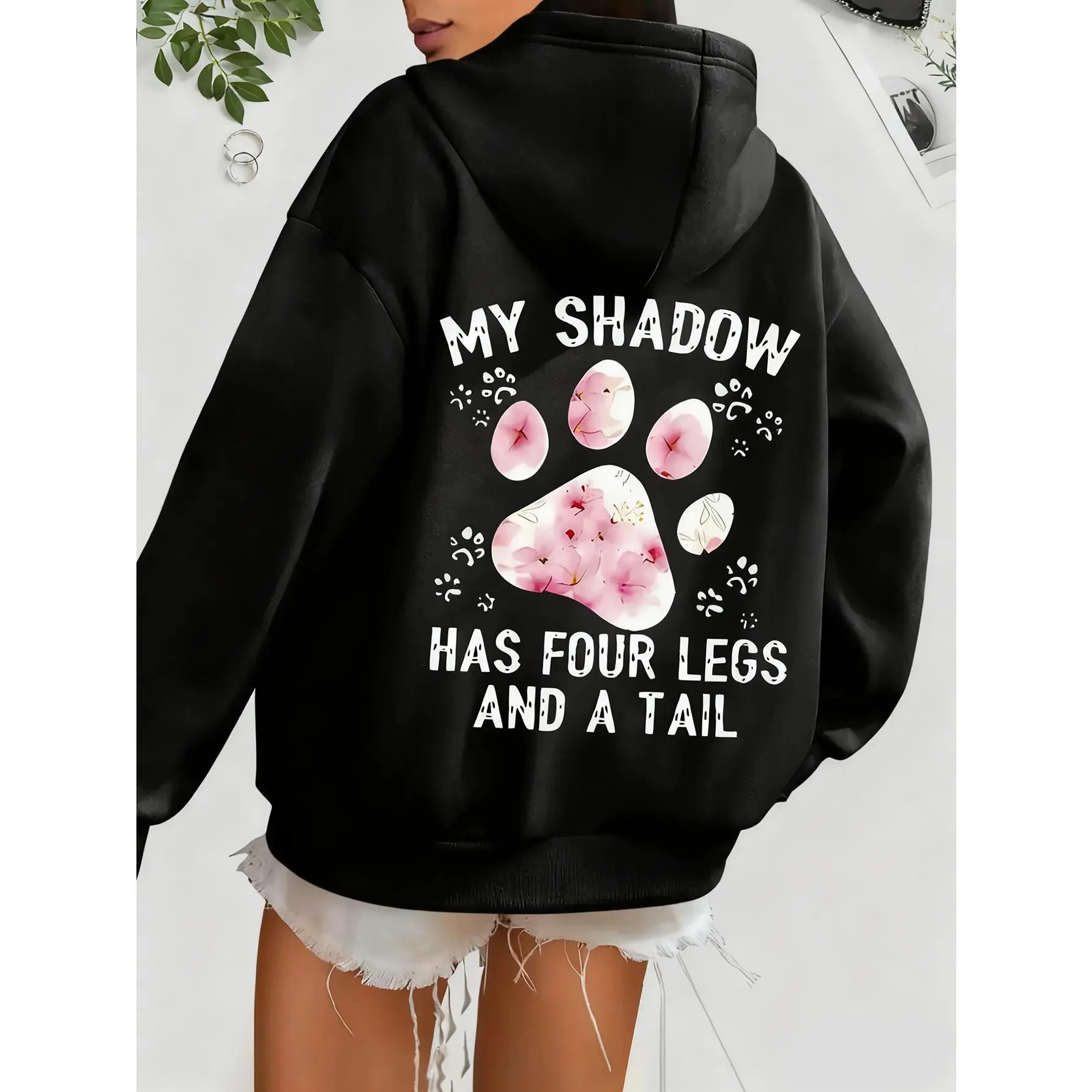 Cat Mom Cute Cat Ear Heart Graphic Oversized Fleece Hoodie, Casual Daily Sweatshirt