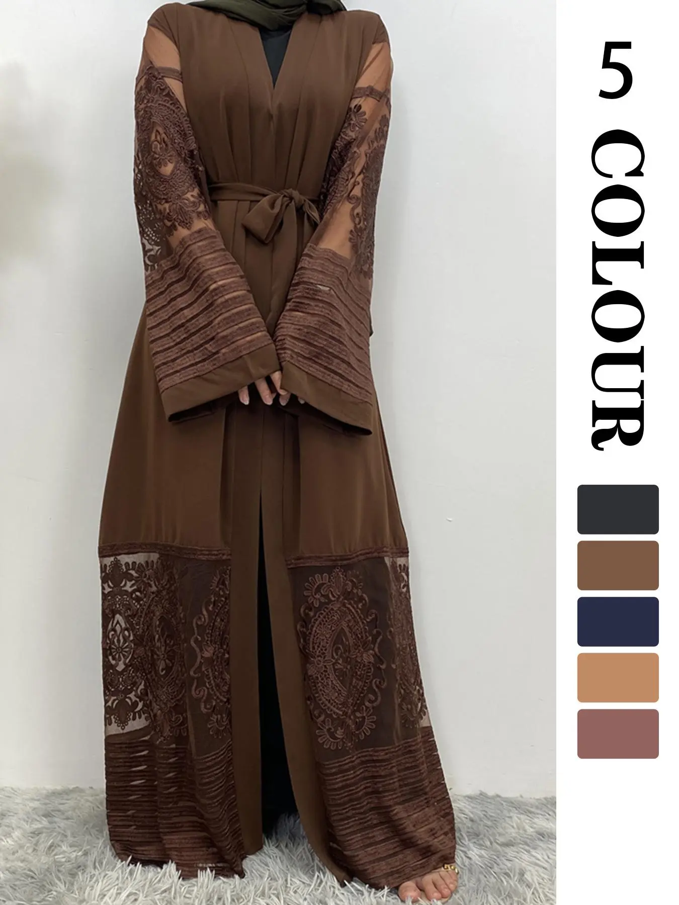 Women's Floral Embroidery Belted  Abaya, Modest Long Sleeve Open Front Abaya for Spring & Fall, Women's Islamic Clothing for Daily Wear, Floral Embellished Abaya, Modest Muslim Outfits