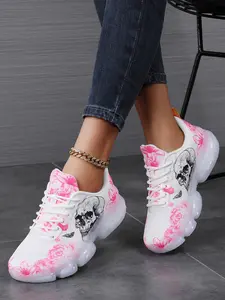 Women's Rose & Skeleton Print Lace Up Sneakers, Casual Comfortable Thick-soled Height-increasing Chunky Sneakers, Outdoor Travel Training Shoes, Floral Print Sneakers, Fashion Sneakers, Trendy Sneakers