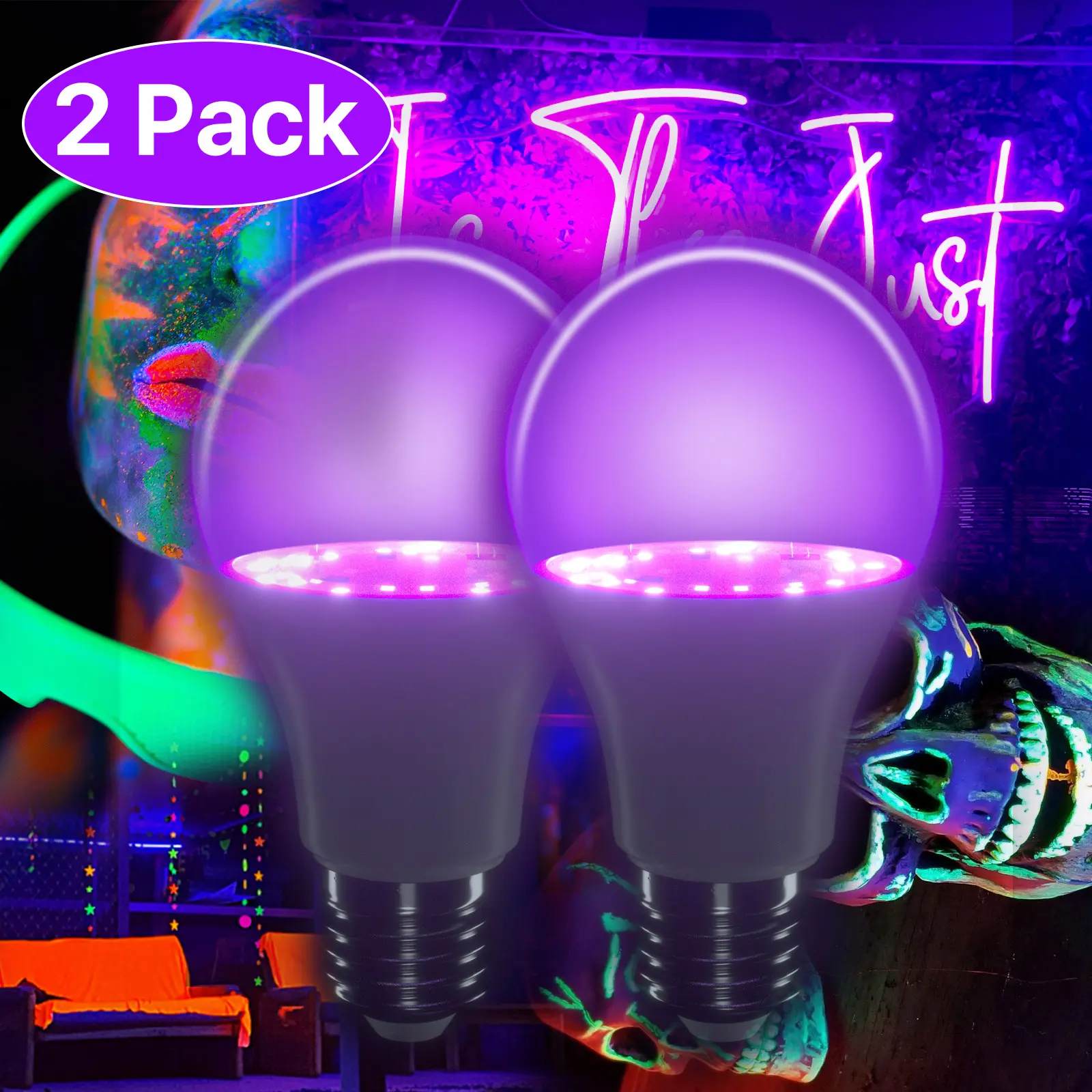 2-Pack A19 UVA Glow Black Light Bulb with E26 Base, 385-400nm Wavelength, Fluorescent Novelty Light for Decoration, Halloween Decoration, Glow Party Indoor Use