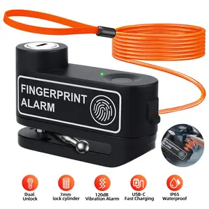 Motorcycle Alarm Fingerprint Unlock Disc Brake Lock, With Anti-Theft Reminder Rope, Rechargeable Bicycle Security System, Motorcycle Accessories