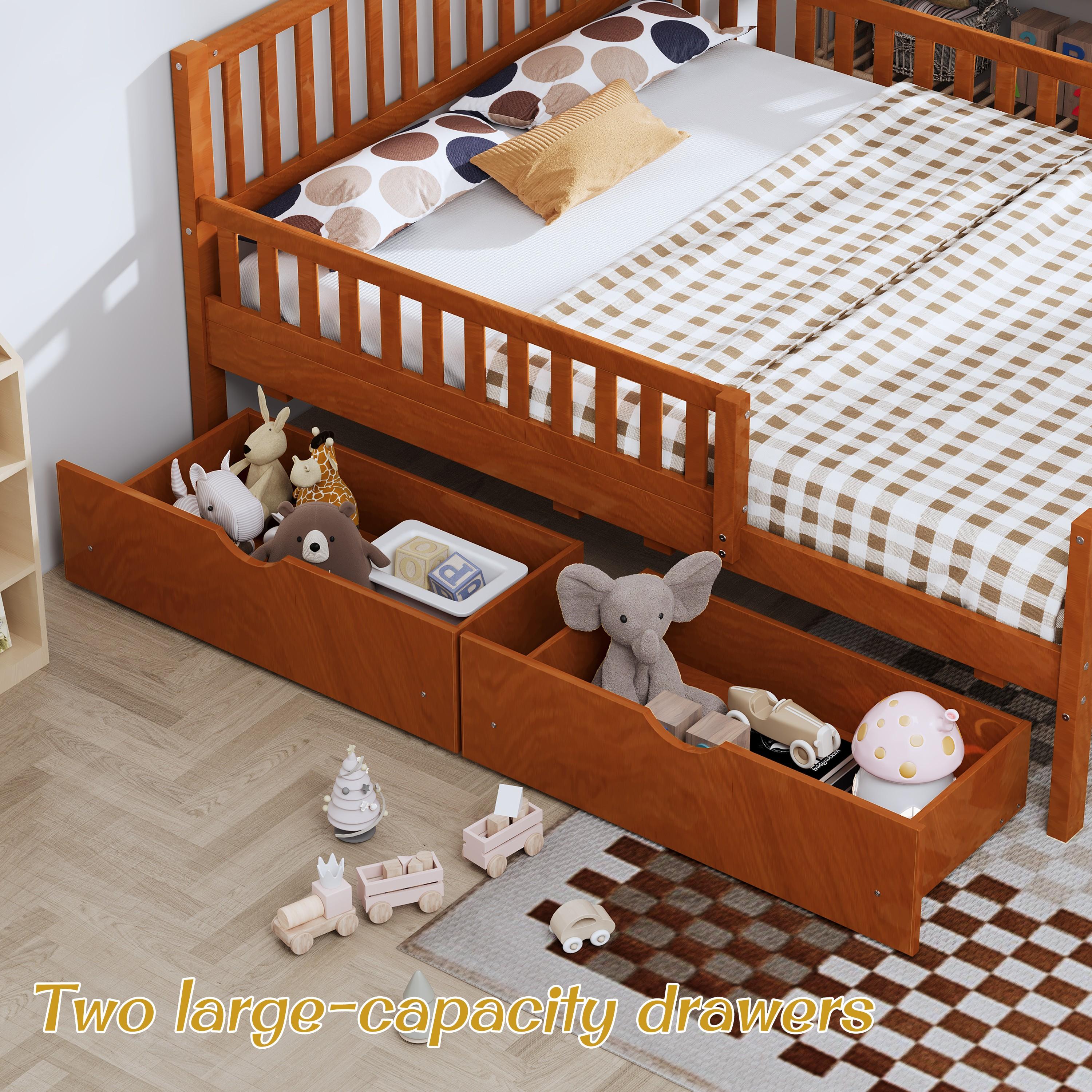 Eyisean Full Size Wooden Slat Support Platform Beds, Safety Bed Frame with Three-Side Guardrails, Space-Saving Daybed with Storage Drawers & Headboard, No Box Spring Needed, Easy Assembly for Bedroom