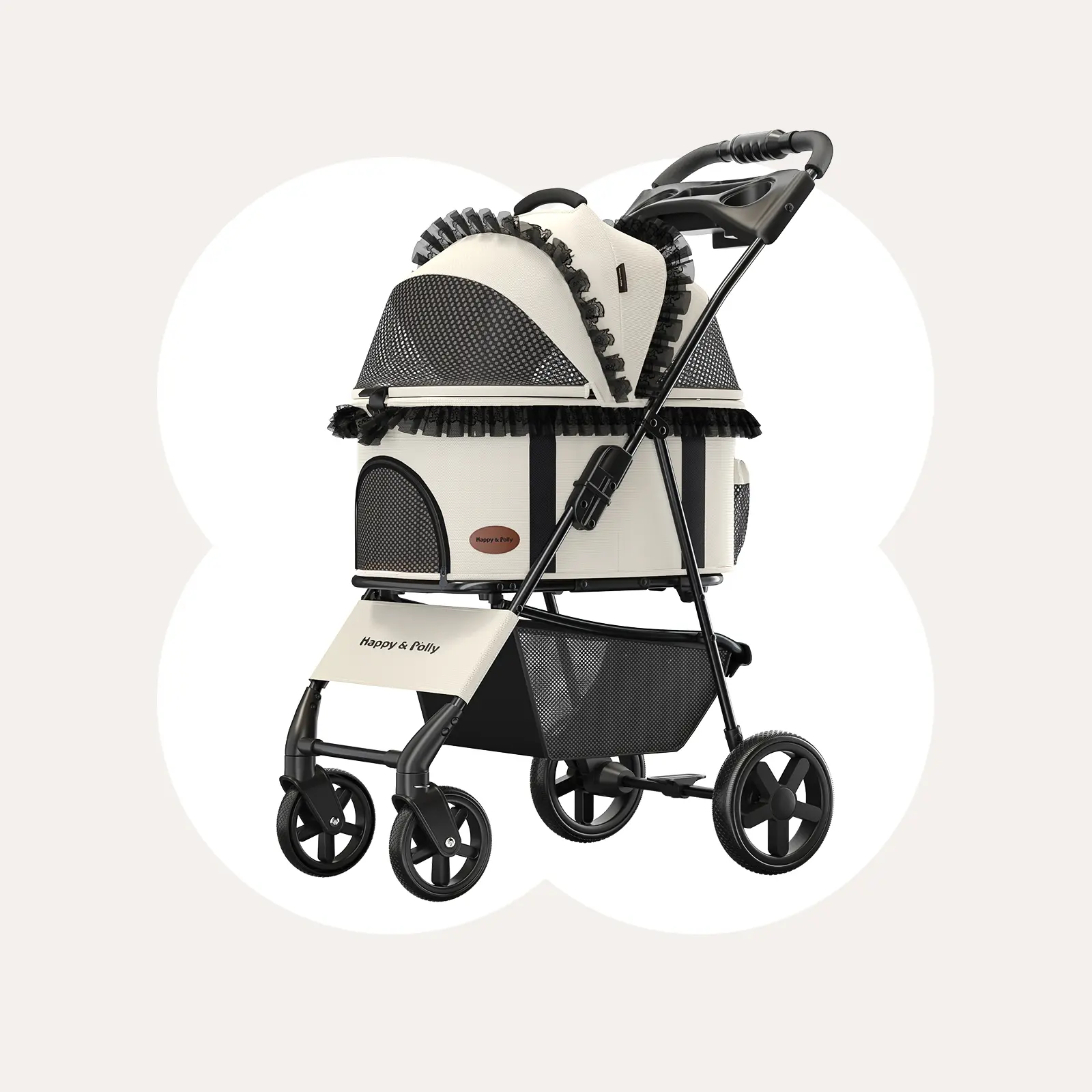 Happy & Polly Foldable Puppy Stroller with Detachable Animal Carrier - 3-in-1 Design, Multi-Use Mode, 360° Swivel Front Wheels, Mesh Paneling, Compact, Portable with Straps, Durable Fabric for Road Trips, Easy Travel