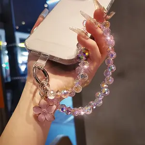 Handmade Flower Crystal Water Drop Hanging Chain Phone Chain Handmade Bead Phone Hanging Rope Short Wrist Chain Cell Phone Charm Phone Accessory Phone Lanyard