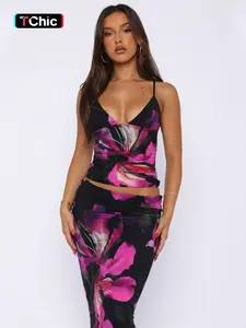 Women's Floral Print Plunge Neck Backless Crop Cami Top & High Waist Skirt Two-piece Set, Adjustable Strap Sleeveless Top & Bodycon Skirt, Summer Outfits Clothes Set for Beach Holiday Vacation