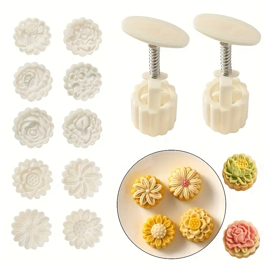 Flower-Shaped Mooncake Mold Set - Kitchen Bakeware Baking Tools, Festival Use Utensils with 10 Flower Design Stamps, 2 Presses for Mid-Autumn Festival Daisy Baking