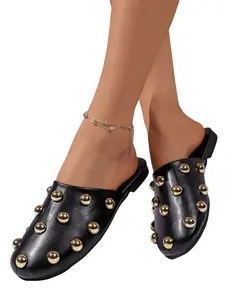 Women's Fashion Casual Solid Color Rivet Toe Mule Half Sandals, Round Toe Slip-On Comfortable Breathable Shoes, All Seasons, Slip On Pu Leather Mules