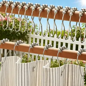 Cast iron black metal ball shower curtain hook - Heavy-duty ring design with spherical beads and elegant curved ends, durable shower curtain rings suitable for bathrooms, easy to install, sturdy and fashionable bathroom accessories, smooth spherical beads