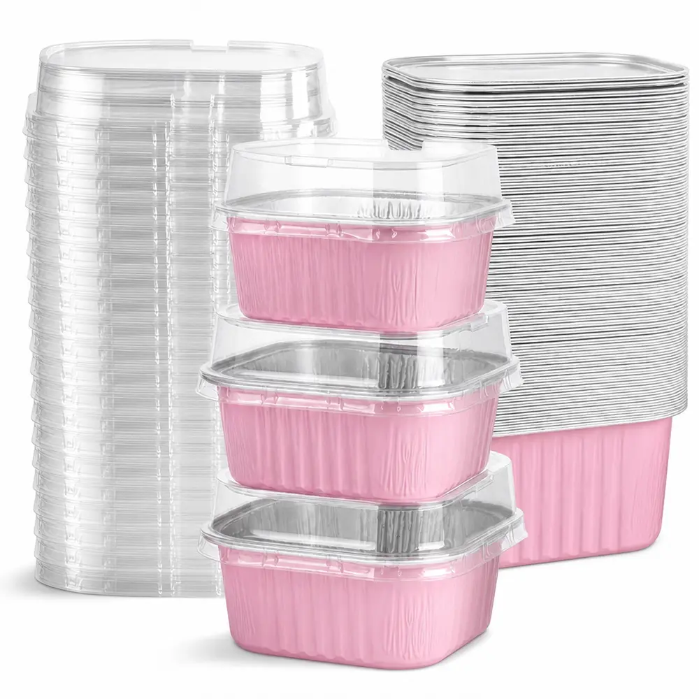 50 pcs mini pink aluminum foil baking box set - with transparent plastic lid and disposable square aluminum foil container, suitable for party preparation and daily dessert making