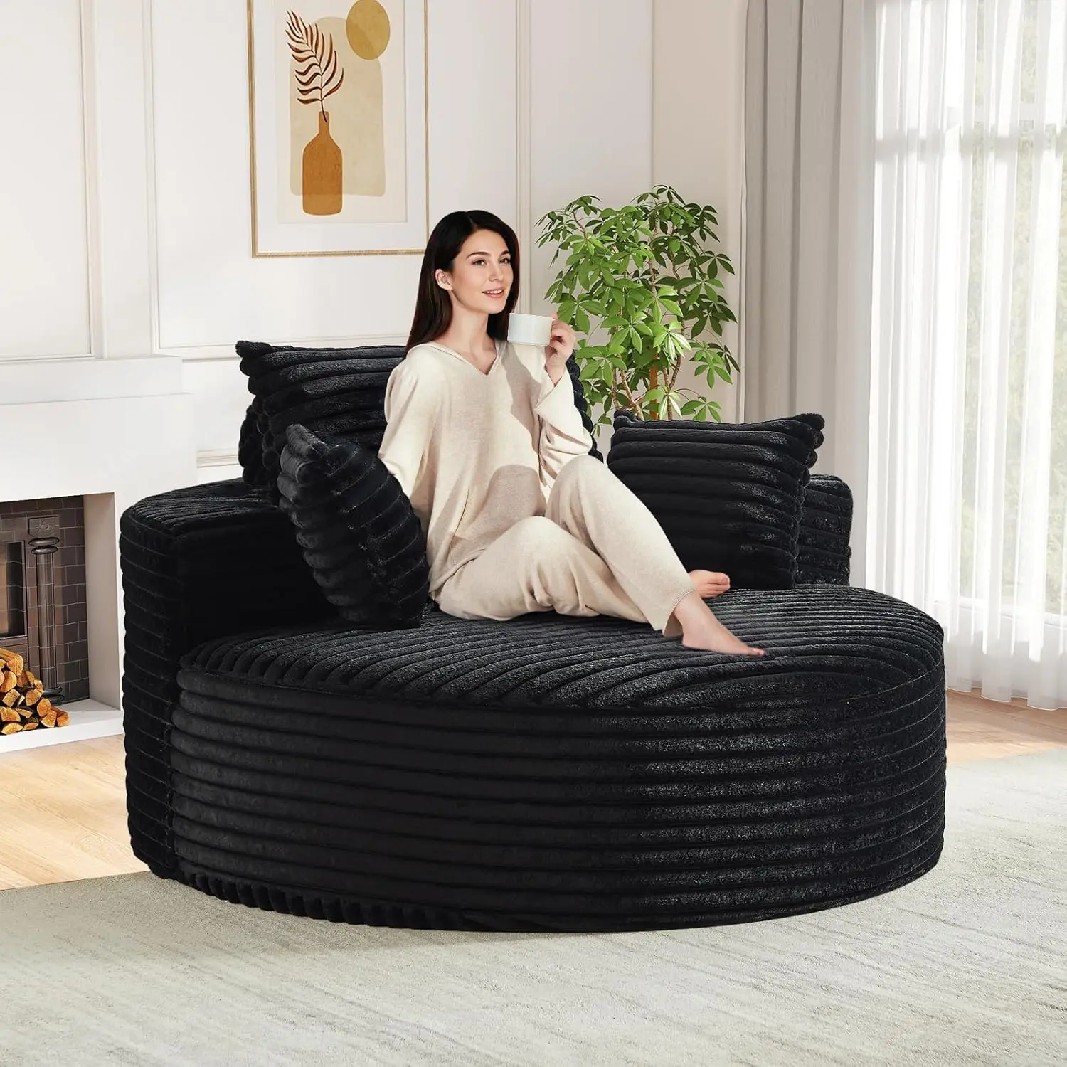 Oversized Round Chaise Longue Chair Indoor, Modern 55-inch Upholstered Corduroy Deep Seat Circle Single Cloud Lounge Floor Sofa Chair for Living Room, Bedroom Apartment, Black (Not a swivel chair.)