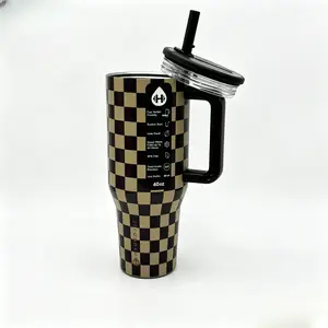Hydrojug 40oz Stylish Retro Black & Khaki Checkerboard Hydrojug-Style Portable Vacuum Flask, Kitchenware Drinkware Tumbler Mug