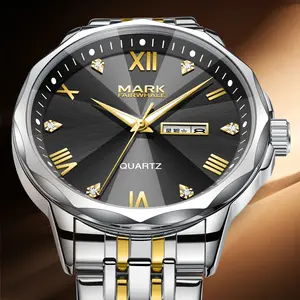 MARK FAIRWHALE Men's Gold Watch with Diamond Mirror Waterproof Steel Band Single Calendar Luminous Function Quartz Movement