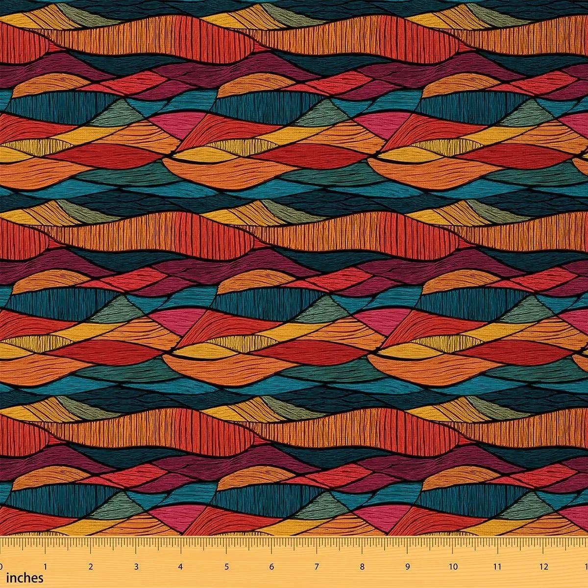 Boho Fabric Bohemian Wavy Upholstery Fabric Chairs Rainbow Embroidered Waves Print Soft Flannel DIY Sewing Craft Projects Tribal Ethnic Geometric
