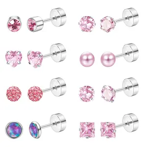 Fansilver 8Pairs Surgical Steel Earrings for Sensitive Ears 20G Flat Back Earrings for Women Men Small Stainless Steel Earrings Studs Cartilage Earring Opal Ball CZ Flatback Earrings