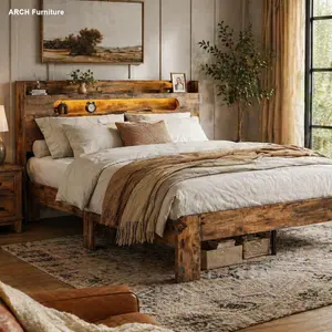 Rustic Brown Farmhouse Queen Wooden Bed Frame with Headboard - USB Ports, Storage Headboard, LED Lights, Space-Saving No Box Spring Needed Indoor Bedroom Furniture, Queen Bed Frame