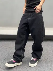 Men's Solid Color Wide Leg Multi Pocket Jeans, Loose Casual Comfy for Daily Wear, Woven Bottoms for All Seasons