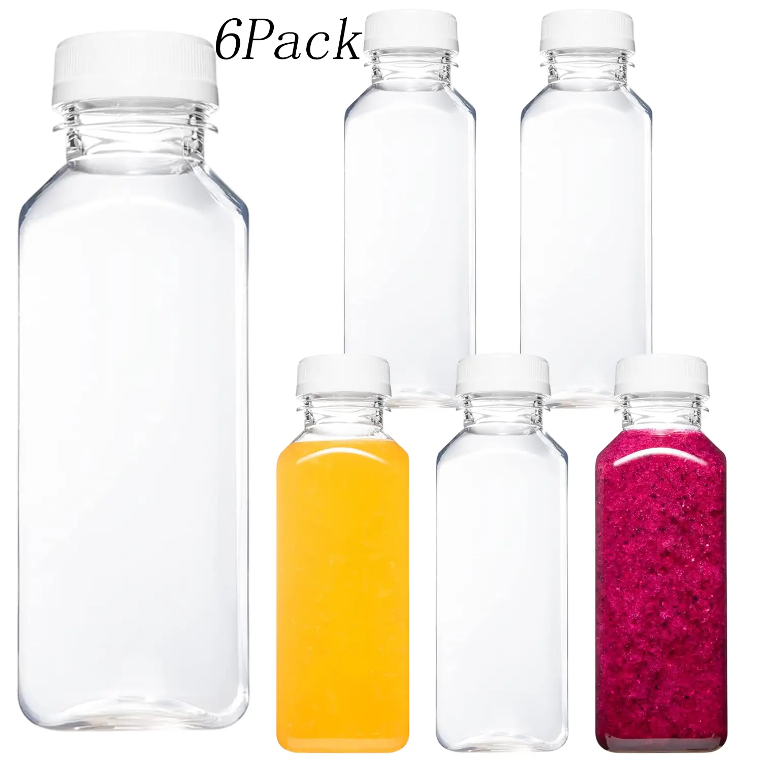 6-Pack 12oz Classic Plastic Juice Bottles with Caps, Bulk Disposable Reusable Kitchen Drinkware Containers for Milk, Beverages