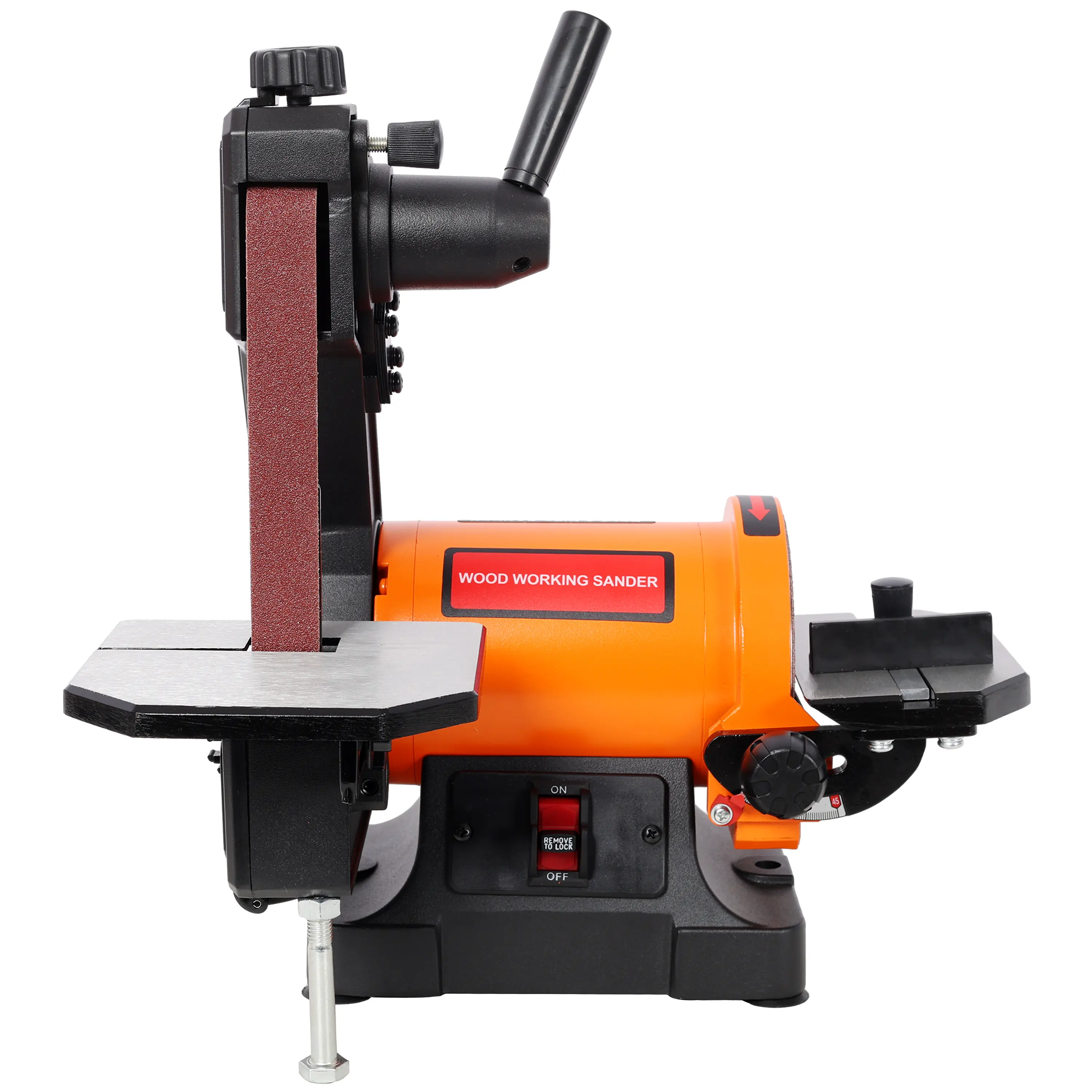 1x30 inch desktop belt sanding machine, 5-inch disc+cast aluminum adjustable worktable (0-45 °), dual suction ports, tool free sand belt replacement, efficient and worry free woodworking polishing