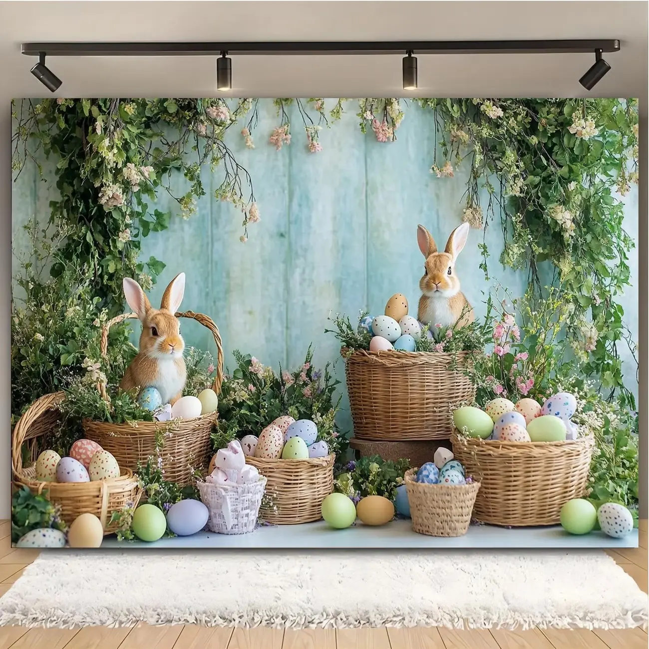 Easter Celebration Photography Background, Wooden Wall with Egg Rabbit Flower Patterns, Youth Baptism Birthday Parties Portraits Mini Shoots, Vibrant Spring Themes, Photo Backdrops