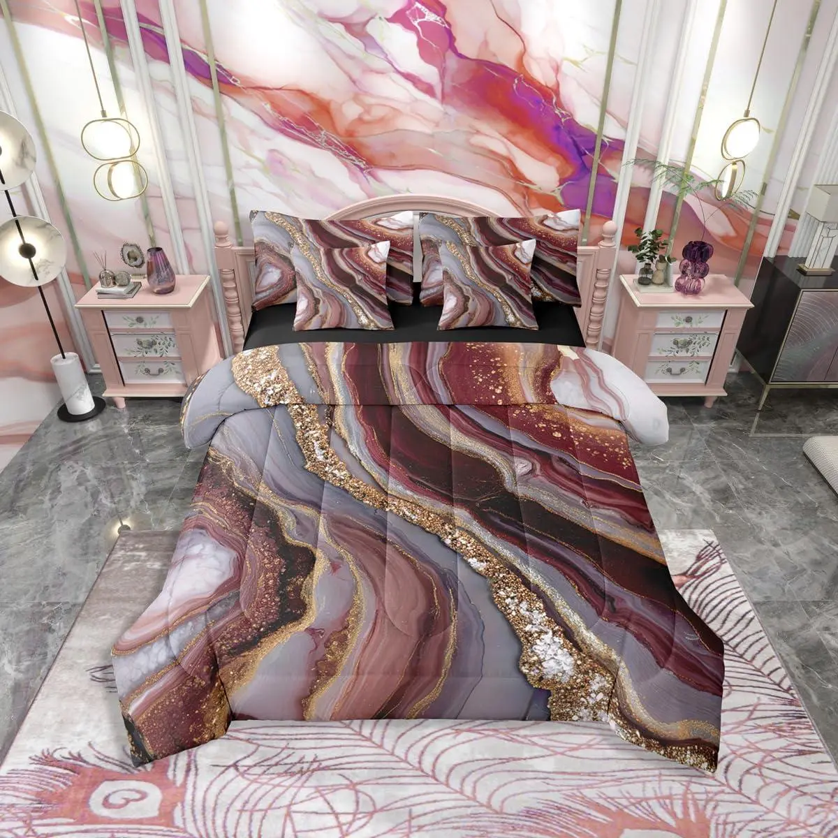 Reddish Brown and Gold Marble Bed in A Bag | Gradient Marbling Comforter Set with Sheets,Golden Glitter Print Abstract 7 Pieces Bedding Set for Bedroom,Marble Stone Bed Sets