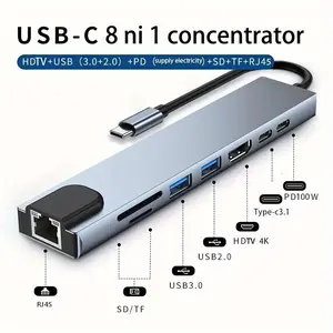 Compact 8-In-1 USB C HUB, 87w Power Delivery, Type C Docking Station, Ethernet Port, USB 3.0, Type C Ports, USB Hubs, USB Splitter for Laptop, USB C Interface, 4K Ultra HD, SD/TF Card Reader, Usb Port Gadget