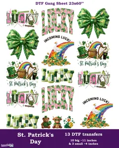 St. Patrick's Day DTF Gang Sheet: 13 Ready To Press Adult Transfers - 23x60, Full-Color Printing, Same/Next Day Shipping