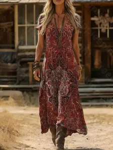 Spring Summer Vintage Bohemian Print Dress V Neck Short Sleeve, Retro Style Women's Fashion, Perfect for Casual Wear