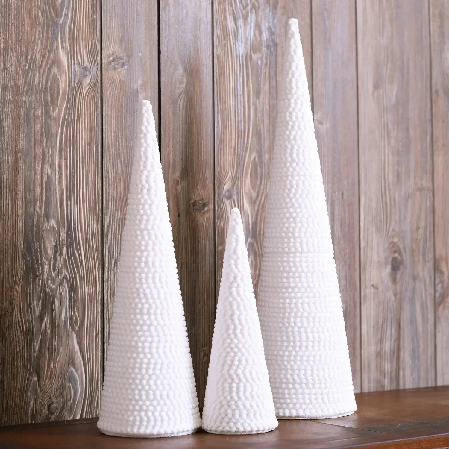 White Knit Texture Christmas Tree Topiary Ornament Set - 3-Piece, 3 Sizes (12" h x 4" d), Decorative Accents, Indoor Home Supplies for Mantle, Bookshelf Christmas Decor