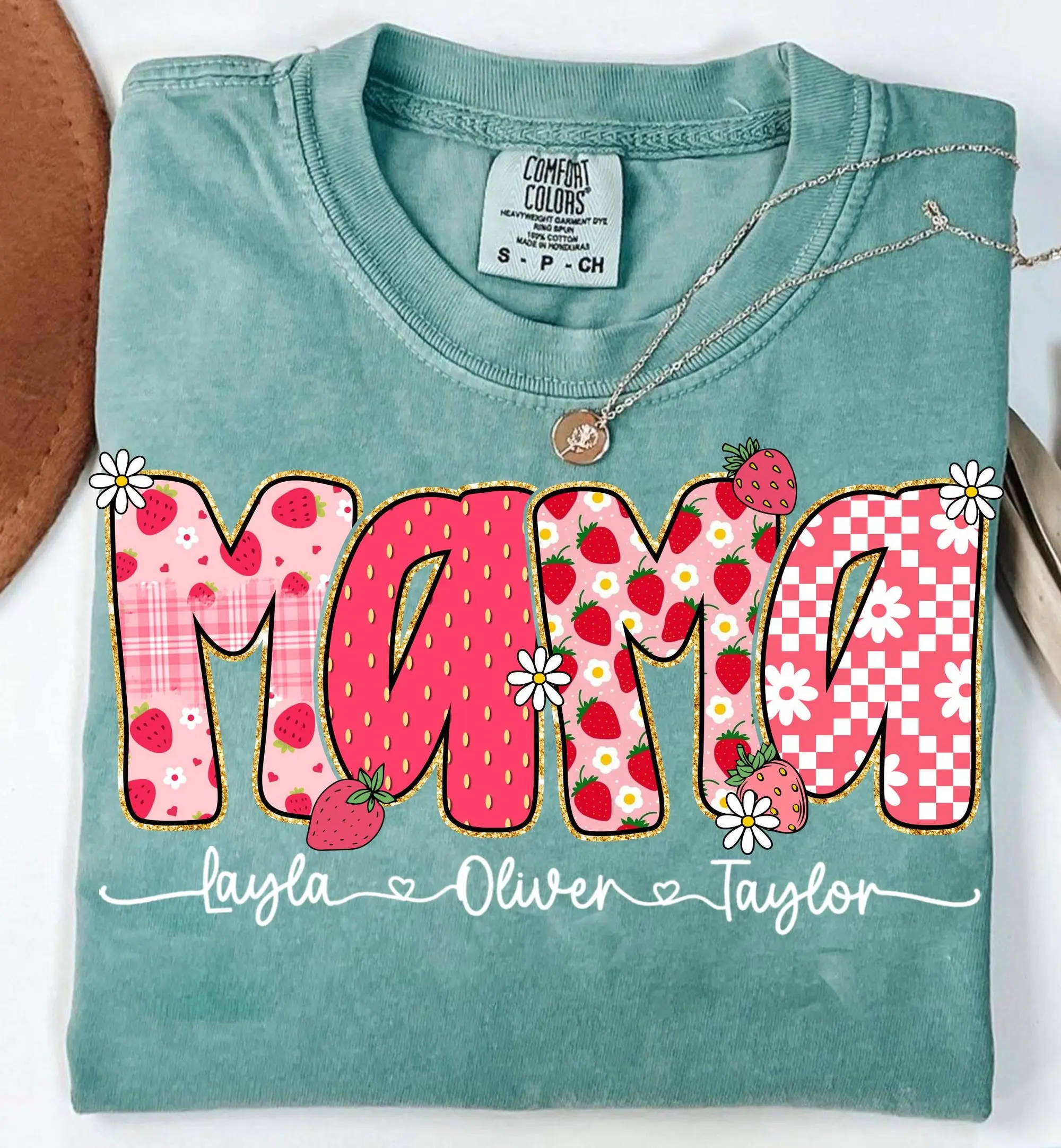 Custom Mama Strawberry Glitter Shirt, Cute Strawberry Floral Mama with kids names Shirt