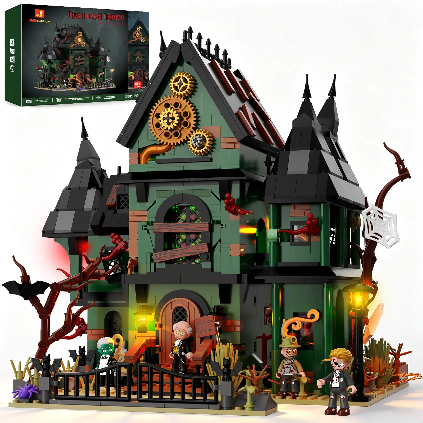 JMBricklayer Haunted House Building Set, 2611 PCS Horror Steampunk Gothic Spooky Mansion Brick Model with LED Lights, Unisex Mini Figures Toy