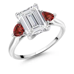 3.54 Cttw 10K White Gold IGI Certified VS Lab Grown Diamond & Red Garnet 3-Stone Engagement Ring For Women | Center Emerald Cut 3 Cttw | 4MM Trillion | Sizes 5-10