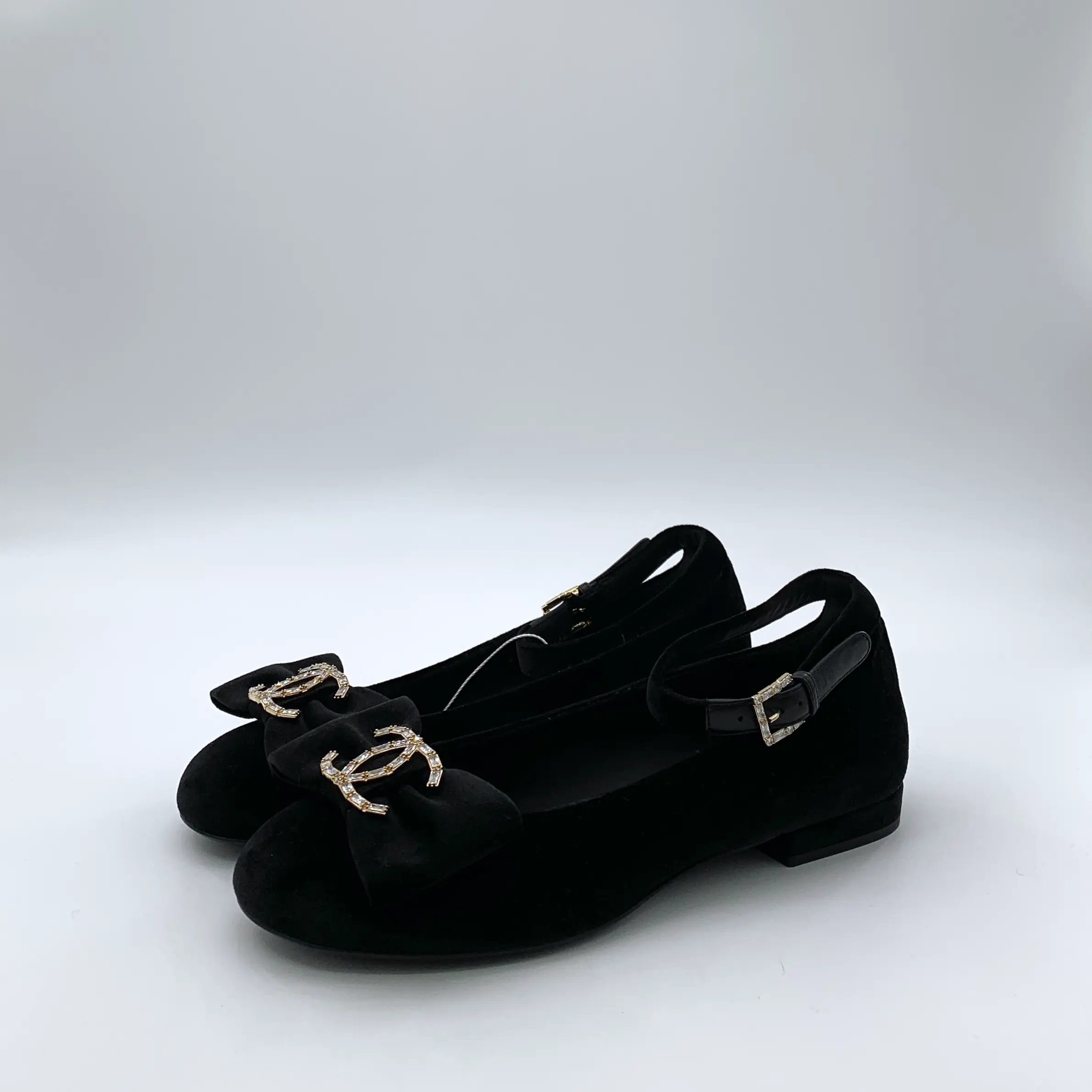RDLT-Chanel Size 37 Black Crystal CC Bow Single Strap Buckle Flat Shoes-H35626