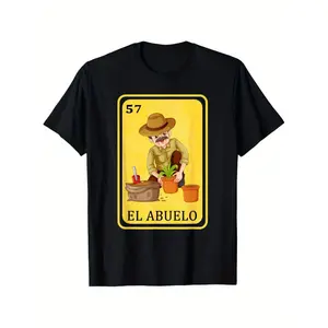 100% Cotton Men's Spanish-Mexican Style Funny Graphic T-Shirt, 100% Cotton, Black Crew Neck with "El Abuelo" Print