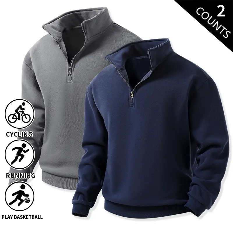 Men’s quarter-zip pullover sweatshirt, 2-pack, solid color mock neck half-zip sweatshirts, soft fleece, long sleeves, loose fit, casual everyday layering top, basic streetwear for fall/winter, everyday outerwear
