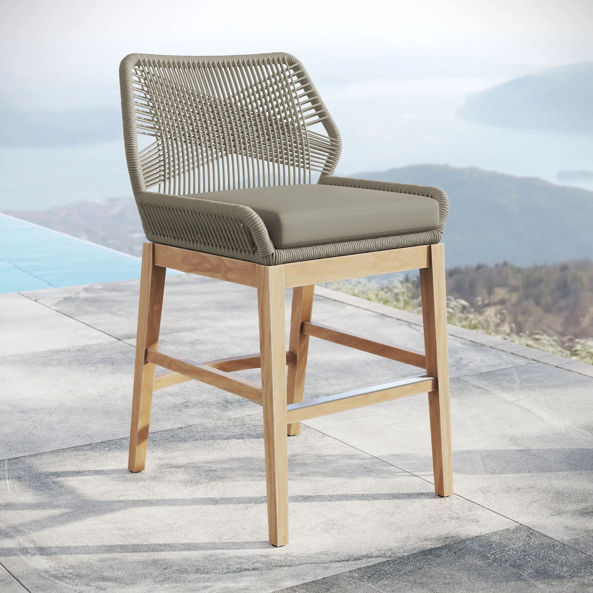 Wellspring Light Gray Greige Teak-and-Rope Counter Height Barstool, Outdoor Patio Bar Stool, Modern Accent Chair for Indoor-Outdoor Use, Counter Height Barstools, Patio Bar Stools