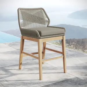 Wellspring Outdoor Patio Teak and Rope Counter Stool in Light Gray Greige