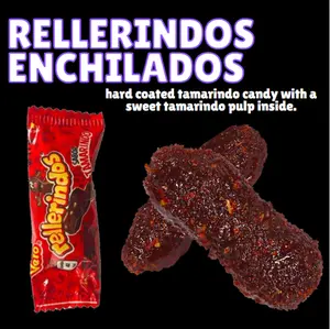Rellenitos Enchilados: Hard Coated Tamarindo Candy with a soft tamarindo pulp inside. Sweet, tangy, and spicy mexican candy
