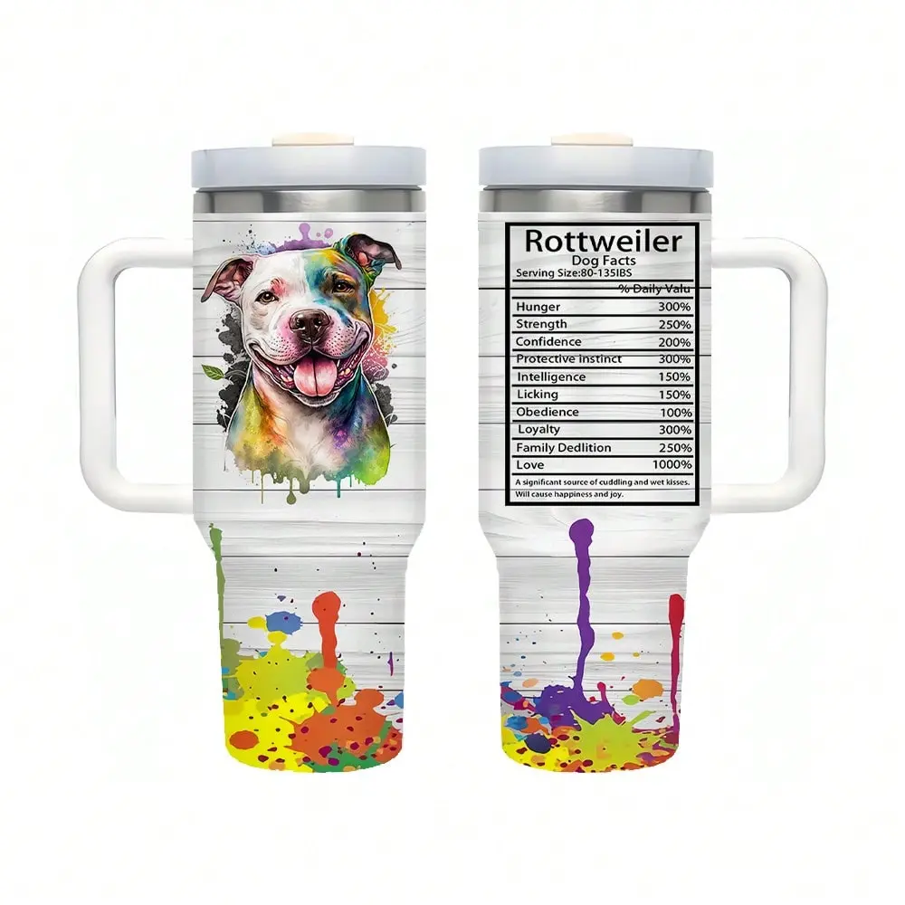 40oz Brushed Stainless Steel Insulated Vacuum Single Flask (1L-2L) - Leak-Proof Travel Mug with Handle, Straw Lid, Watercolour Rottweiler Nutritional Facts Design for Dog Lovers, 7-12Hrs Modern Kitchenware Drinkware