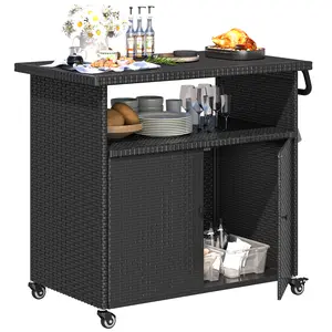 YODOLLA Outdoor Bar Cart with Wheels Rattan Patio Bar Table with Storage Cabinet