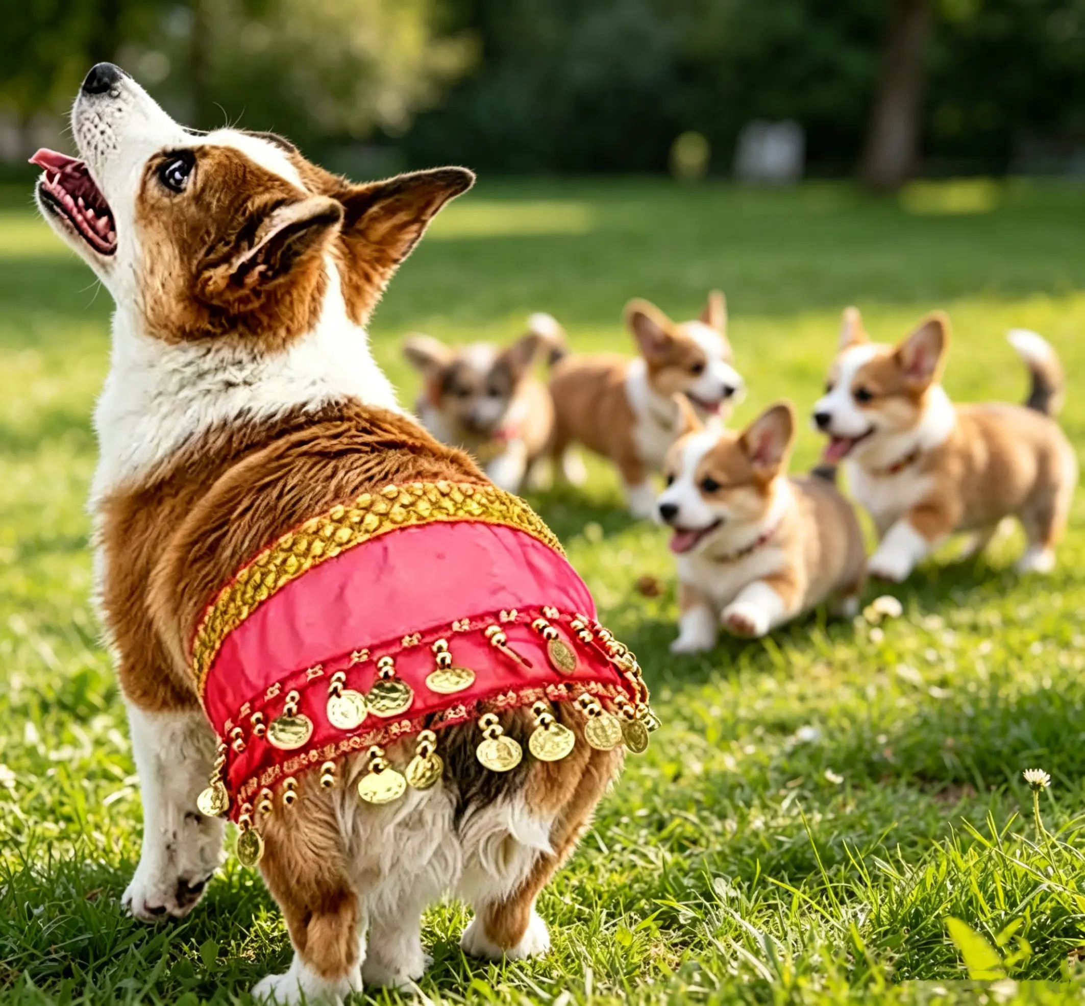 Cleo Poodle Dog Costume - Shimmery Design, Sparkling Belt, Medium Size Clothes, Party Wear, Dance Theme - Perfect for Corgi Butt Activities to Make Your Pup Stand Out