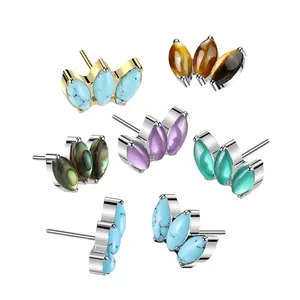 20G/18G/16G Triple Marquise Natural Stone Stud • Threadless Flat Back Studs • Push Pin Labret • Flat Back Earring • Tragus Stud • Flat Back Upper Ear Stud • Helix Stud • Ear Cartilage Stud • Threadless Earring • Implant Grade Titanium • Silver • Gold