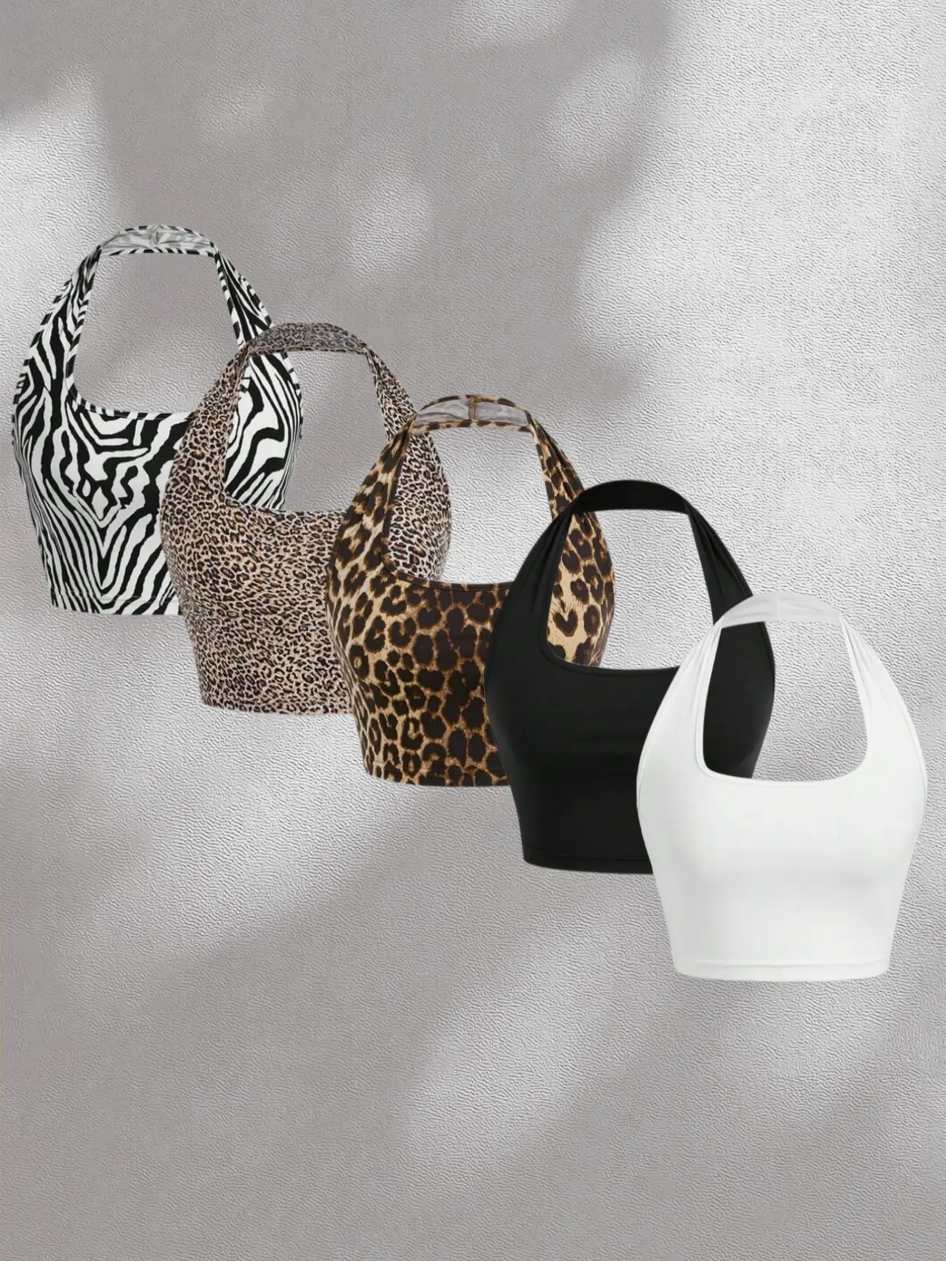 Women's Halter Neck Short Top Set of 5, Leopard Zebra Print Solid Color Slim Fit Tank Tops Camisole Sets, Casual Chic Sleeveless Tops Summer Fashion