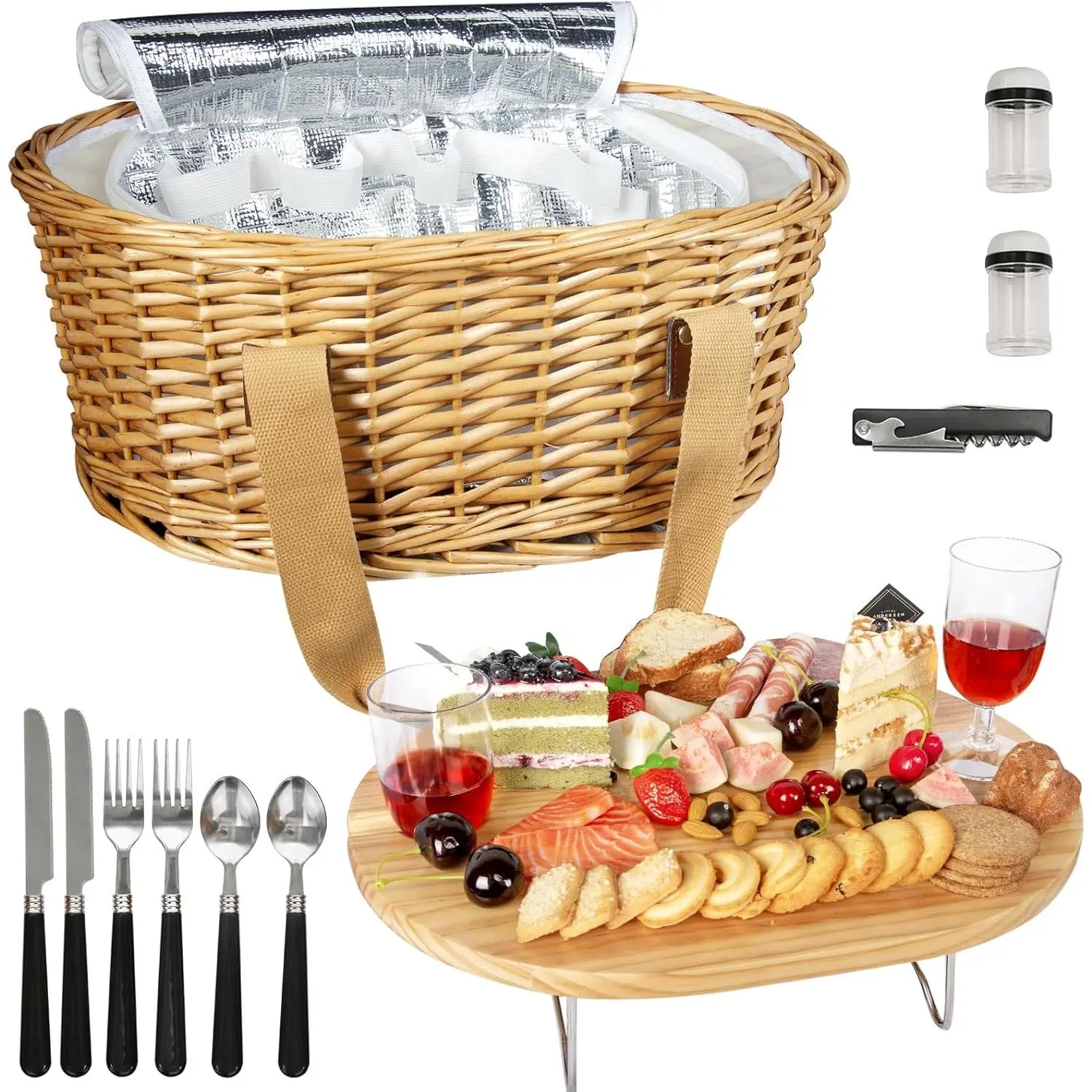 Insulated Wicker Picnic Basket for 2/4Persons with Foldable Wine Table and CutleryService Kits, insulated Woven Beach CoolerBag, Couples Gifts, Wedding Gifts,#Summervibes