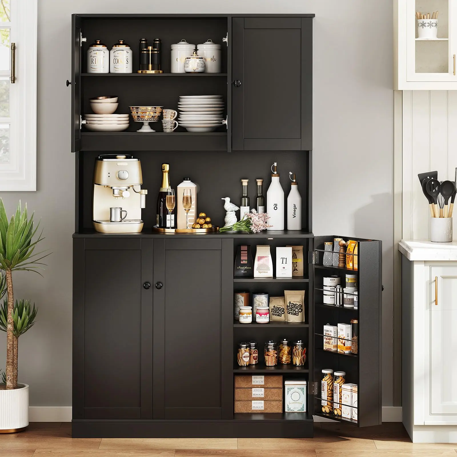 【SummerFinds】ONBRILL 71" Tall Kitchen Pantry Storage Cabinet with Microwave Stand & Door Shelf, Freestanding Kitchen Hutch with 6 Doors and Adjustable Shelves, Modern Food Pantry for Kitchen, Dining Room